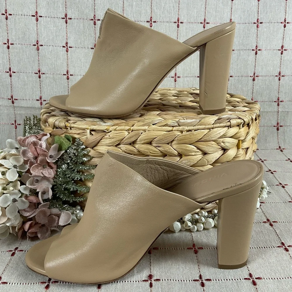 Vince Vero Cuoio Soft Calfskin Leather Tan Heeled Sandals Mules Size 9.5 39.5 - Picture 9 of 9